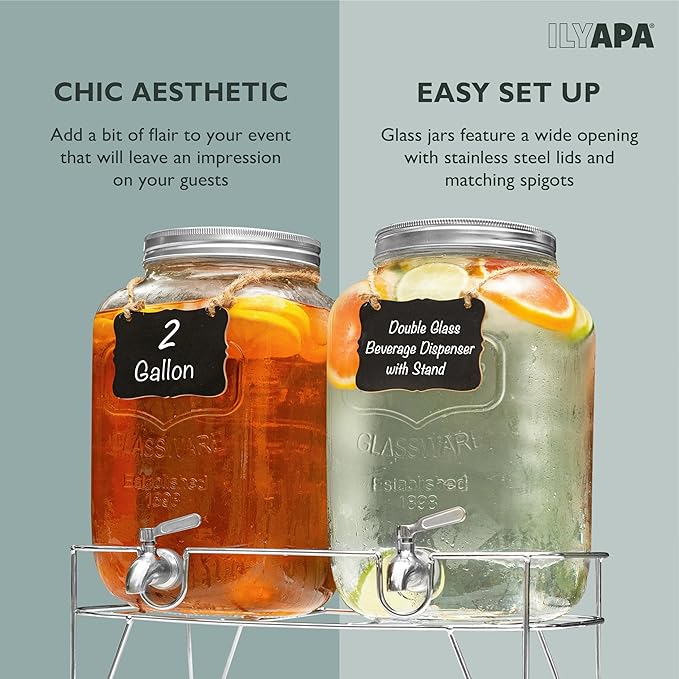 Ilyapa 2 Gallon Drink Dispenser, 2 Pack with Metal Base, Stainless Steel Spigot - Drink Dispensers for Parties, Beverages Such As Lemonade, Tea, Water