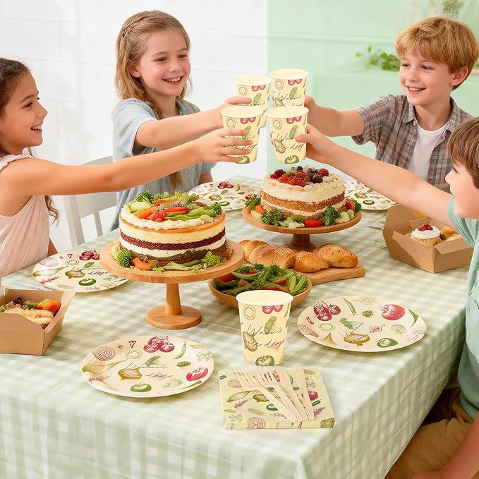 144Pcs Vegetable Birthday Party Supplies Decorations Paper Plates Napkins Vintage Party Tableware Disposable Dinnerware Set for Kids Birthday Baby Shower Table Decor, Serve 24