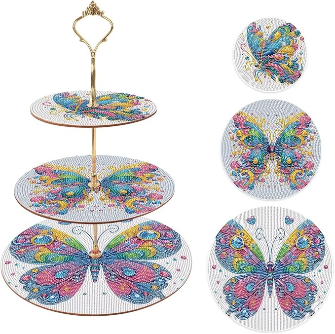 3 Tier Wooden Diamond Art Painting Cake Cupcake Display Stand Round Cupcake Stand Dessert Tower Pastry Tray Platter for Tea Party Wedding Birthday-Butterfly