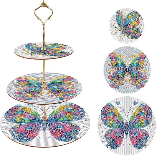 3 Tier Wooden Diamond Art Painting Cake Cupcake Display Stand Round Cupcake Stand Dessert Tower Pastry Tray Platter for Tea Party Wedding Birthday-Butterfly