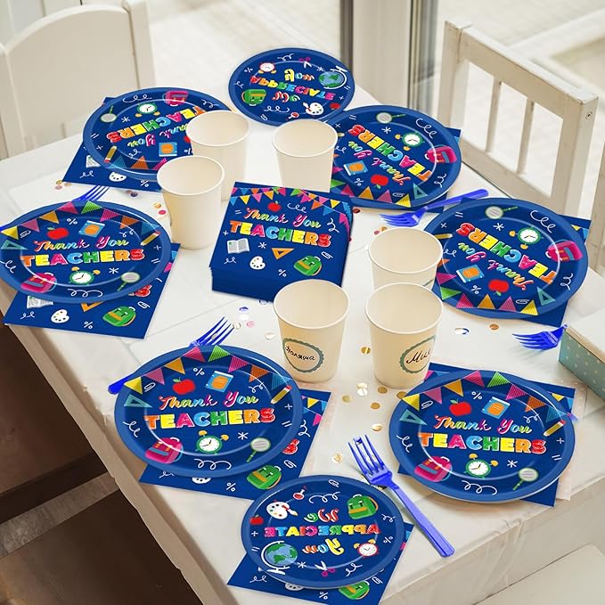 Qyeahkj 100 Pcs Thank You Teachers Decoration for We Appreciation You Paper Plate Napkin Set Graduation Be Thankful to Teacher Table Supplies Thank You Plates Teachers Day Tableware Decor Serves 25