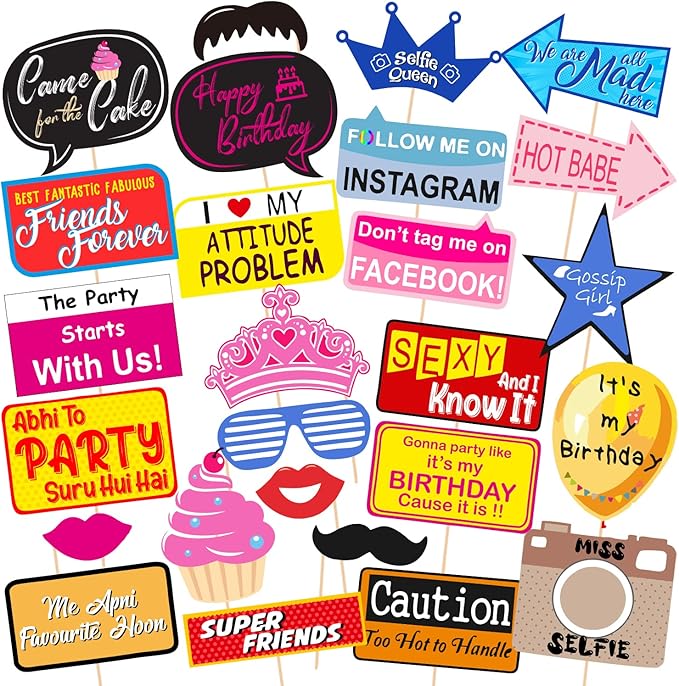 Zyozique 26 Pcs Multi Colour Theme Photobooth Props for Birthday Girl or Boy/Photobooth,Birthdays Parties Items Decorations Supplies - Birthday Photo Booth Props - Cute & Funny Props