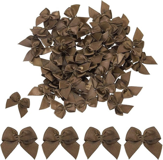 MECCANIXITY 50 Pcs Mini Ribbon Bow 1" Mini Fabric Satin Ribbon Flower Bows for Craft DIY Sewing Wedding Birthday Party Gift Wrap Bows Brown