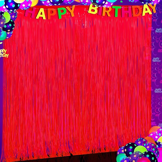 Glow in The Dark Party Supplies 2 Pack Neon Party Decorations Fluorescent Tinsel Foil Fringe Curtains Photo Booth Prop Backdrop Streamer Blacklight Decorations (Neon Orange)