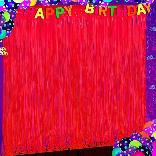 Glow in The Dark Party Supplies 2 Pack Neon Party Decorations Fluorescent Tinsel Foil Fringe Curtains Photo Booth Prop Backdrop Streamer Blacklight Decorations (Neon Red)