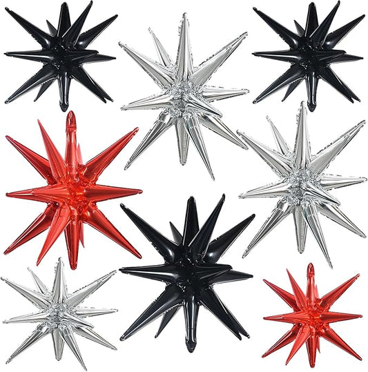 TONIFUL 8 Pcs Black Silver Red Foil Balloons Large Star Balloons Explosion Star Mylar Balloons for Party Backdrop Christmas New Year Birthday Wedding Baby Shower Anniversary Photo Booth Supplies