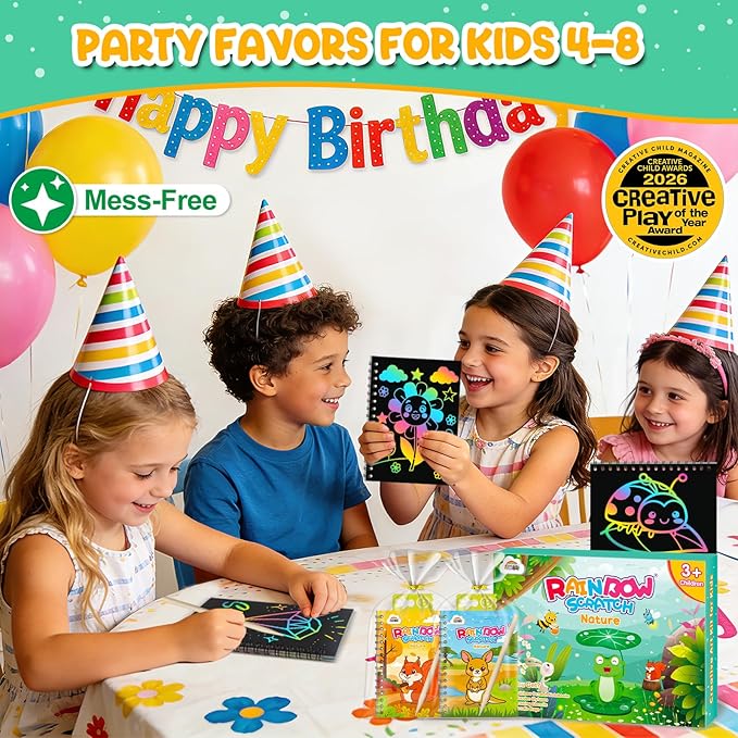 ZMLM 24 Pack Scratch Art Party Favors for Kids 4-8 – Individually Wrapped Rainbow Notebooks, Mess-Free Goodie Bag Stuffers, Non-Candy, Classroom Prizes, Travel Crafts for Boys Girls(Nature)