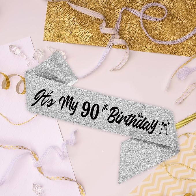 It's My 90th Birthday Sliver Sash - Sparkling Happy 90th Satin Sash for Women - Ninety Years Old Birthday Party Decorations