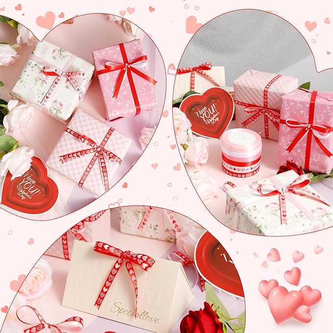 6 pcs Valentine’s Day Ribbon Set, 3/8 Inch Heart Satin Ribbons for Candy Gift Wrapping Flower Home Decoration(Red Pink)