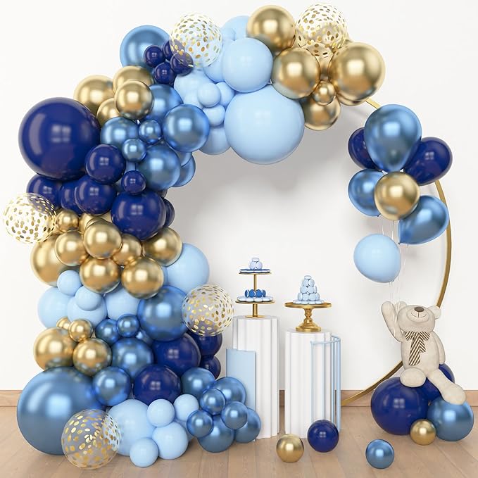 Amandir 153pcs Navy Blue Gold Balloon Garland Arch Kit, Different Sizes 18 12 10 5 inch Pastel Blue Latex Metallic Confetti Balloons for Boys Graduation Birthday Party Ocean Baby Shower Decoration