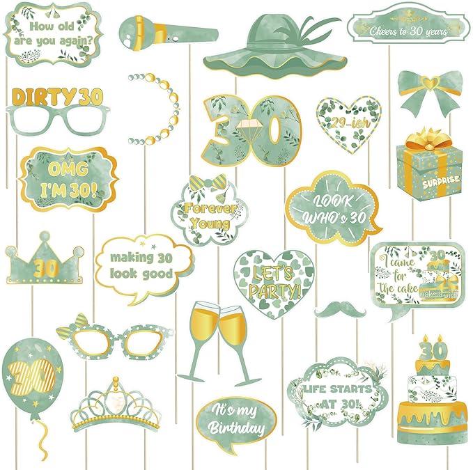 30th Birthday Photo Booth Props Signs,25pcs Sage Green and Gold Birthday Party Selfie Props with Sticks for Her Women,Dirty Thirty,Greenery Happy 30th 30 Birthday Party Decorations Supplies Favors