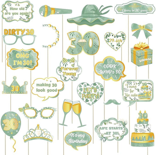 30th Birthday Photo Booth Props Signs,25pcs Sage Green and Gold Birthday Party Selfie Props with Sticks for Her Women,Dirty Thirty,Greenery Happy 30th 30 Birthday Party Decorations Supplies Favors