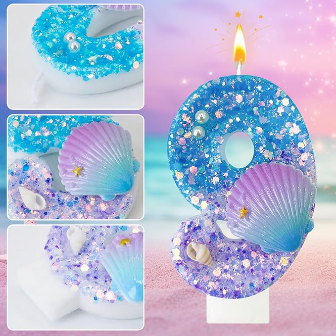 Blue and Purple Birthday Candles, 9th Birthday Cake Decoration, Cupcake Candles，Suitable for Mermaid Theme Party Cake Decoration (9) (Number 9)