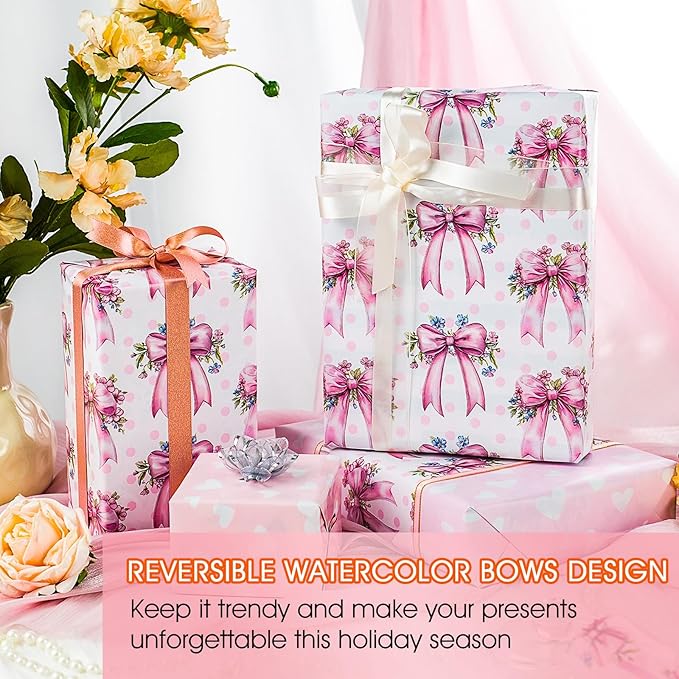 MAYPLUSS Pink Bow Wrapping Paper Roll, Girl Birthday Wrapping Paper, Reversible Girly Feminine Pink Gift Wrap with Bow Print for Baby Shower, Christmas, Valentine's Day, Mother's Day (17 In X 33 Ft)