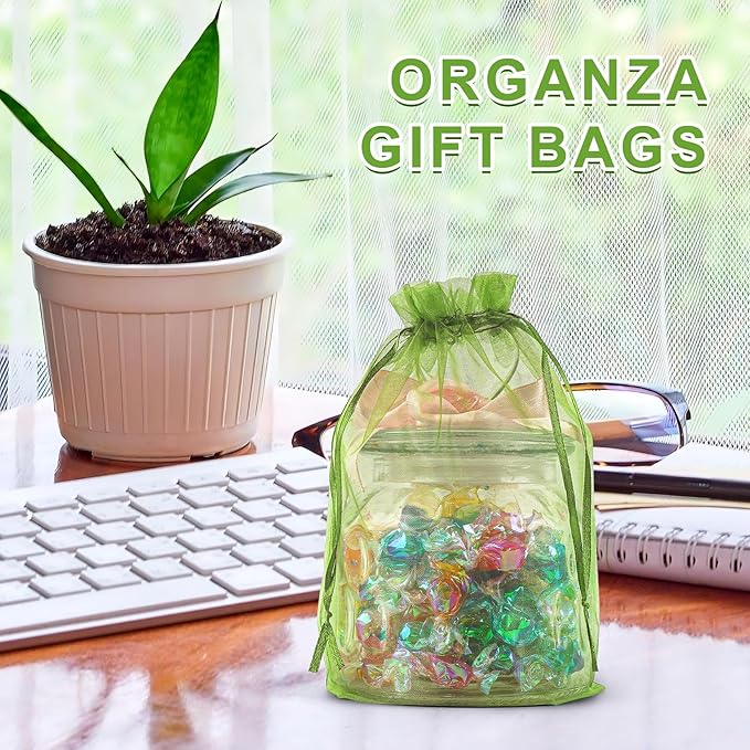 ANZNKU 100 Pack Green Organza Bags 6x9 inches Mesh Bags Drawstring, Sheer Organza Gift Pouches for Saint Patrick's Day Party Easter Favor Wedding