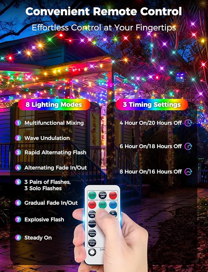 Brightever 900 LED 295FT Outdoor Christmas Lights, Waterproof Plug-in Outdoor String Lights with Remote - 8 Modes & 3 Timers, Cascading Twinkle Light for Christmas Tree Decorations Multicolored