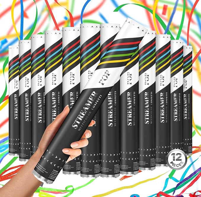 12 Multicolor Streamer Confetti Cannon Cartridge – JUMBO Handheld Streamer Popper with Easy Cleanup for Parties & Events | Loud POP | Fly up to 40ft | Biodegradable 16” Streamer Confetti Cannons