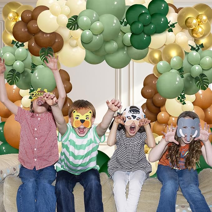 142pcs Jungle Safari Wild One Balloon Arch Kit, Sage Green and Brown Balloon Garland with Palm Leaves for Woodland Tropical Shower Birthday Jungle Party Decoration