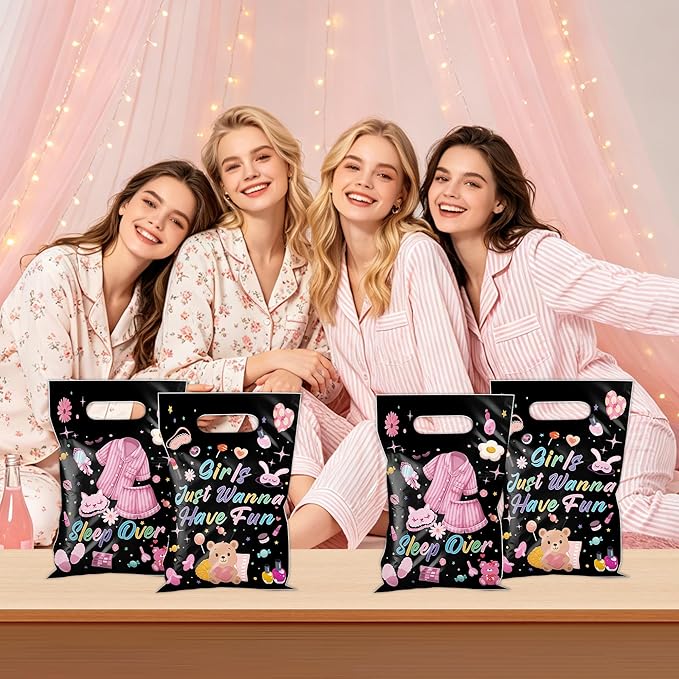 MOIZYNG 50Pcs Sleepover Party Favor Bags with Handles, Cute Pajama Sleep Over Plastic Candy Treat Goodie Gift Bags for Girls Just Wanna Have Fun Slumber Party Supplies