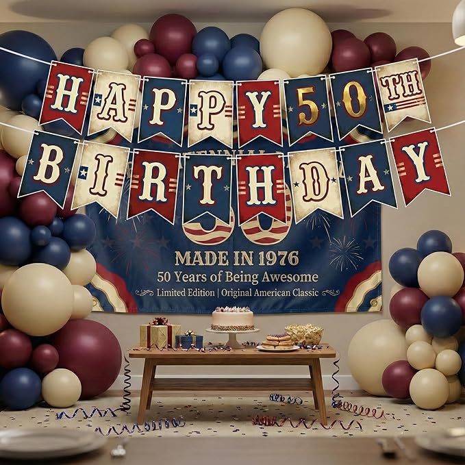 Vintage 50th Birthday Banner for Men & Women (Born in 1976) - Happy 50th Birthday Bunting Flags - Classic Americana Red White Blue Baseball Theme Party Decorations - 2026 Milestone Celebration Sign - Sturdy Cardstock