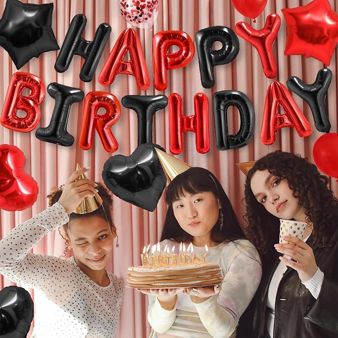 CANREVEL Happy Birthday Balloons Banner 16 Inch Mylar Foil Letters with Star & Heart Balloons Birthday Party Decorations for Men and Women - 30 Pcs Black Red