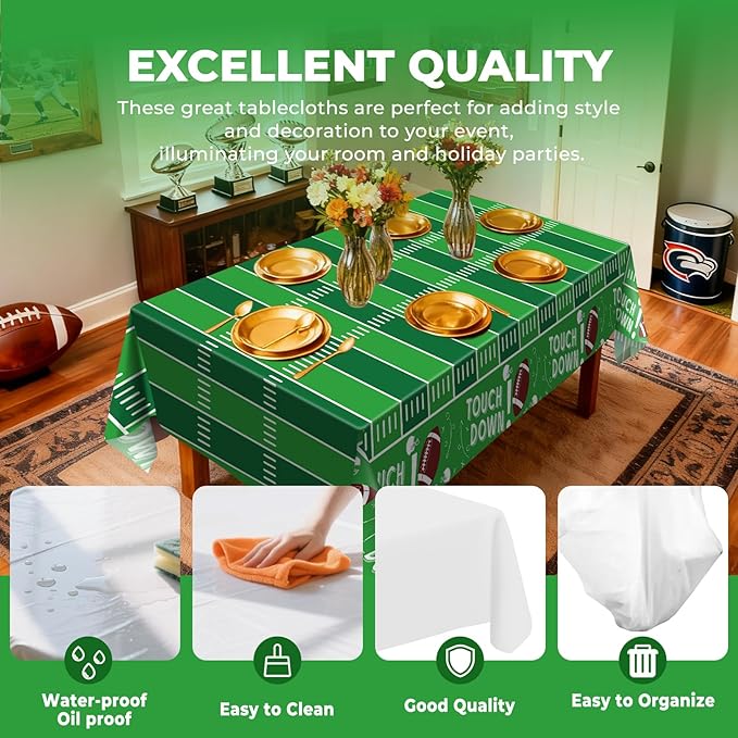 6 Pack Football Party Decorations Premium Football Disposable Plastic Tablecloth 54" x 108" Table Cloths for 6 to 8 Foot Tables Indoor or Outdoor Parties Decoration Supplies (Football Green)