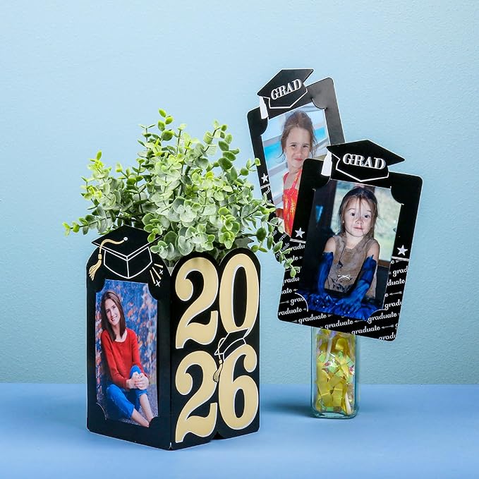 Big Dot of Happiness Black & Gold 2026 Graduation Photo Holder Centerpieces, 4x6 Picture Display Box, Table Decoration Centerpiece for Grad Party Decor, 8 Count