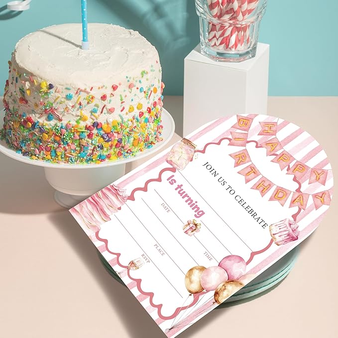 Pink Happy Birthday Party Invitations, Balloon Cake Birthday Invitations for Girls Boys, 20 Fill-in Style Party Invitations Cards with Envelopes, Party Decorations Supplies (arch)