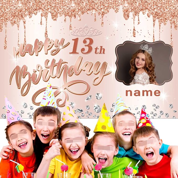 Customizable Rose Gold Happy 13th Birthday Decoration Banner - Personalized with Name and Photo
