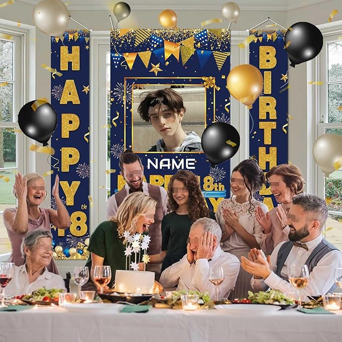 Custom Photo Birthday Banner Set Personalized Name Door Banners Fabric Backdrop Birthday Decorations Party Supplies Background for Indoor Outdoor Front Door Sign(Blue and Gold)
