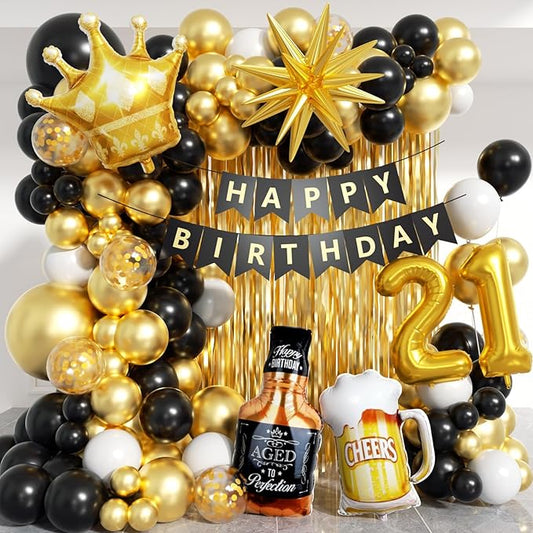 21st Birthday Decorations for Him 150pcs with Number 21 Foil Balloon Fringe Curtains White Black and Gold Balloons Arch Kit for 21st Birthday Decorations Graduation Birthday Balloons for Bed