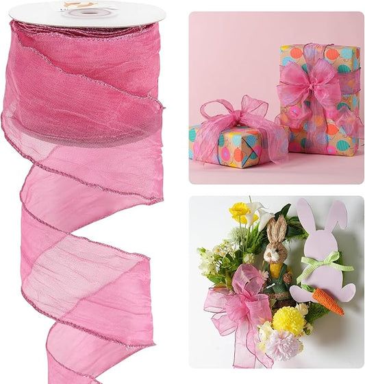 HUIHUANG Hot Pink Wired Ribbon 2.5 inch Fushcia Metallic Crinkle Wire Ribbon for Gift Wrapping Basket Wreath Bows Making Home Decor DIY Crafts Christmas Tree Decor - 10 Yards