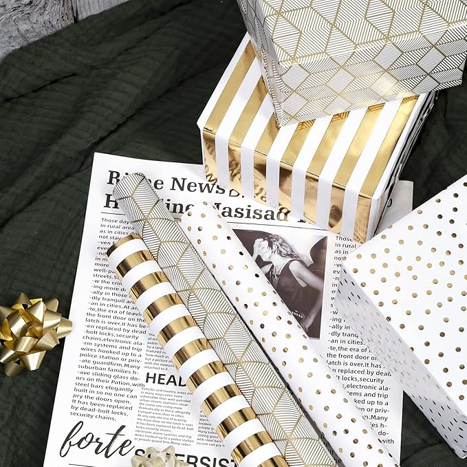 MAYPLUSS Birthday Wrapping Paper Roll - Mini Roll - 17 inch x 120 inch Per roll - White & Gold Foil Design (42.3 sq.ft.ttl)