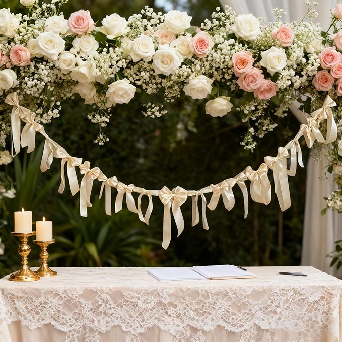 Meseey Ivory Satin Bow Garland Banner, Coquette Decor for Bachelorette Party, Bridal Shower Backdrop, Wedding Engagement Birthday Party Supplies, Photo Booth Props, Ivory Satin Ribbon Bow Decorations