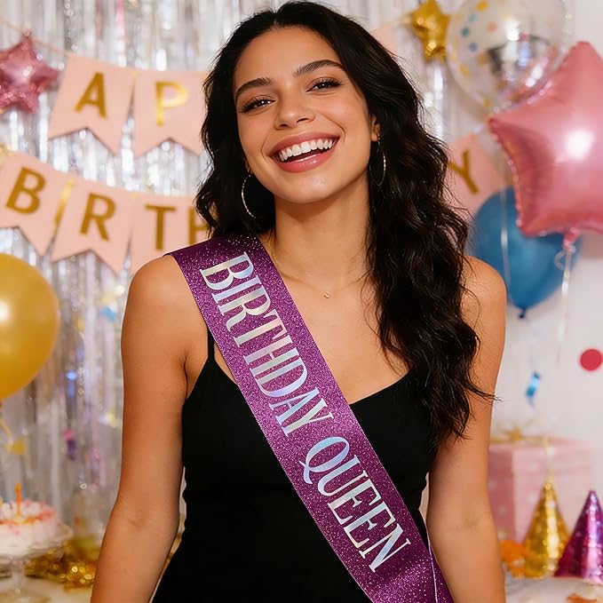 Birthday Queen Sash, Dazzle Foil Letter Glitter Purple Birthday Sash for Women Girl 21st 30th 40th 50th 60th Gifts Funny Bday Gifts Party Favors Photo Prop