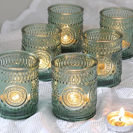 Lanttu 12pcs Green Votive Candle Holders，Glass Tea Lights Candle Holder Bulk for Birthday Parties, Weddings, Table Decorations, Candlelight Dinners
