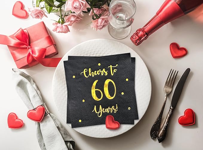 Cheers to 60 Years Cocktail Napkins | Happy 60th Birthday Decorations for Men and Women and Wedding Anniversary Party Decorations | 50-Pack 3-Ply Napkins | 5 x 5 inch folded (Black)