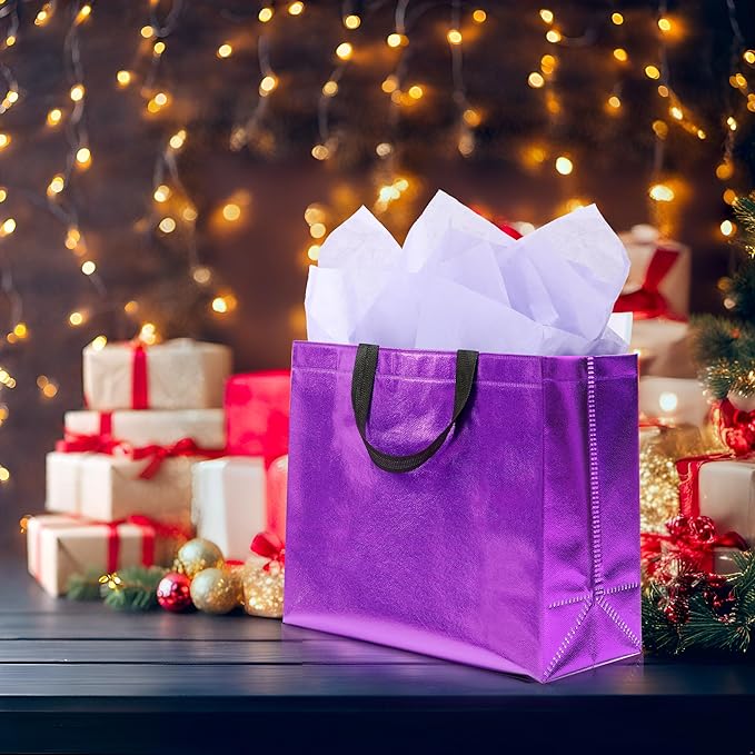 KeerxunBag 12Pcs Reusable Gift Bags（Includes Tissue Paper） Gift bag with handle Birthdays Parties Holidays Weddings Medium 13x5x11in Purple Gift Bags