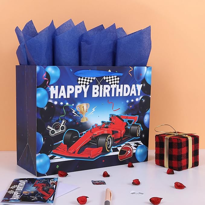 wishinside 13” Large Blue Birthday Gift Bag Set with Handles, Greeting Card, Tissue Papers and Stickers for Boys Men Kids Teens, Car Design, 1 Pcs