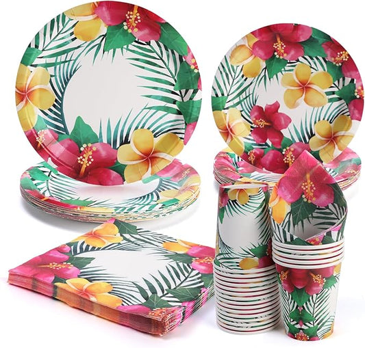 80 PCS Floral Paper Plates, Hawaiian Floral Paper Plates and Napkins Party Supplies for Hawaiian Party Birthday Summer, Serve for 20 Guests