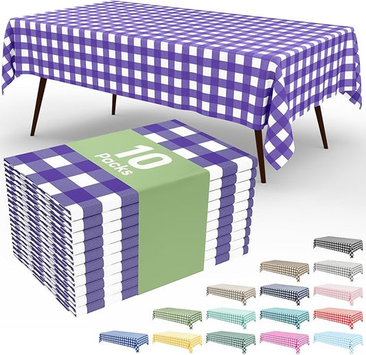Smiry 10 Pack Purple Gingham Disposable Tablecloths - 54" x 108" Heavy Duty Plastic Table Cloth, Waterproof Buffalo Plaid Table Covers for Picnic, Banquets, Parties