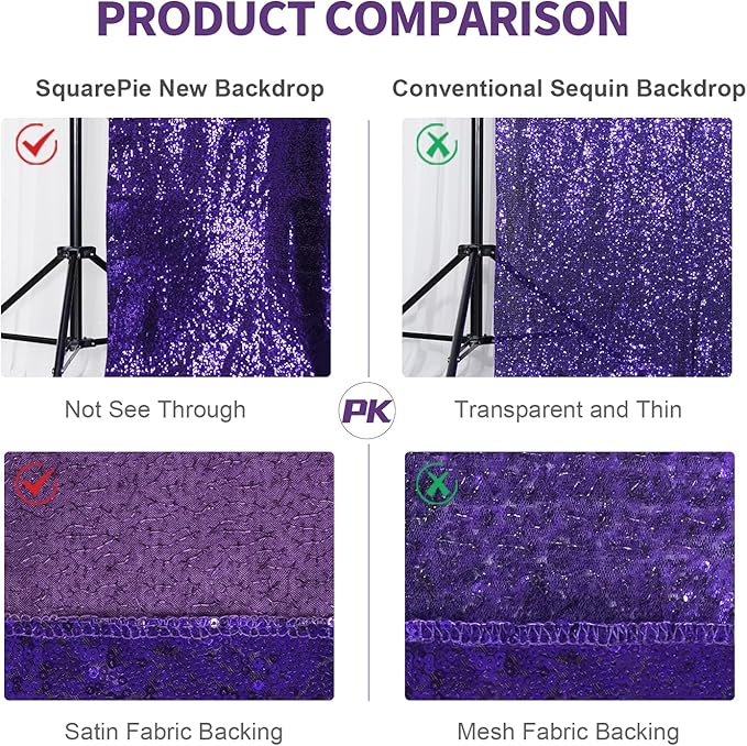 SquarePie 8x8ft Purple Sequin Backdrop, High Density Non-Transparent Glitter Curtain for Photography, Birthday, Wedding Party Decorations, Thick Solid Background with 4" Rod Pocket, 1 Panel