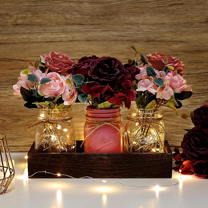 Mason Jar Centerpiece Table Decor for Dining Room Farmhouse Coffee Table Decor with Wood Tray Fairy Lights Fake Flowers for Valentine's Day Kitchen Living Dining Room - Burgundy Pink