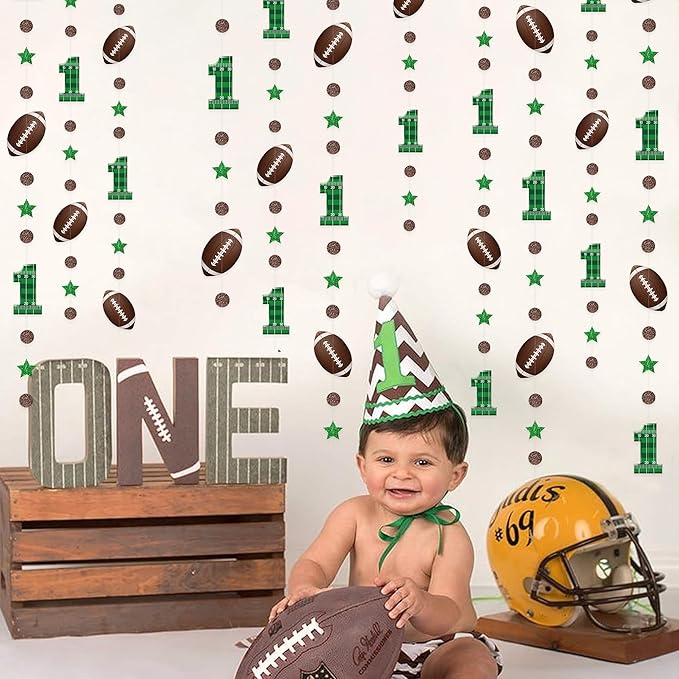 Pinkblume Football 1st Birthday Party Decorations - Glitter Star Circle Dot Football Theme Garland with Polka Dots, Stars and Streamers for Boys 1st Year Celebration