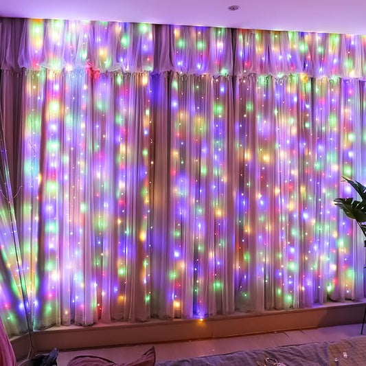 HXWEIYE 300LED Fairy Curtain Lights, 9.8x9.8Ft USB Plug-in 8 Modes Christmas String Hanging Lights with Remote for Bedroom Backdrop Wedding Indoor Wall Decor, Multicolor, Standard – 1 Pack