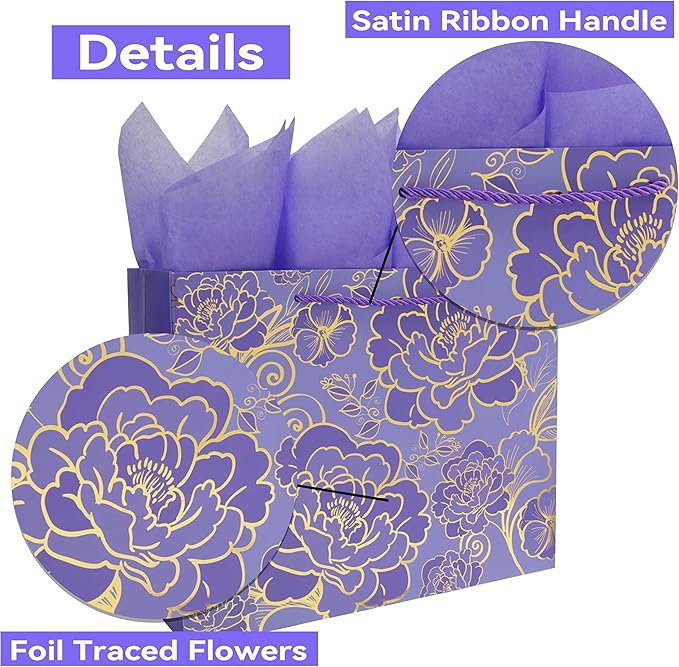 Qirrmiy 13" Large Rose Purple Gift Bag Set with Greeting Card and Tissue Paper for Women or Girls for Celebrating Birthdays, Mother's Day, Valentine's Day, Weddings, Anniversaries