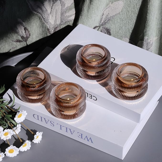 Woho Ribbed Votive Candle Holders Set of 6 for Wedding Table, Amber Tealight Candle Holder Glass for Home Decor, Vintage Tea Lights Candle Holder for Thanksgiving/Fall Decor(Brown, 2.1" H X 2.75" D)