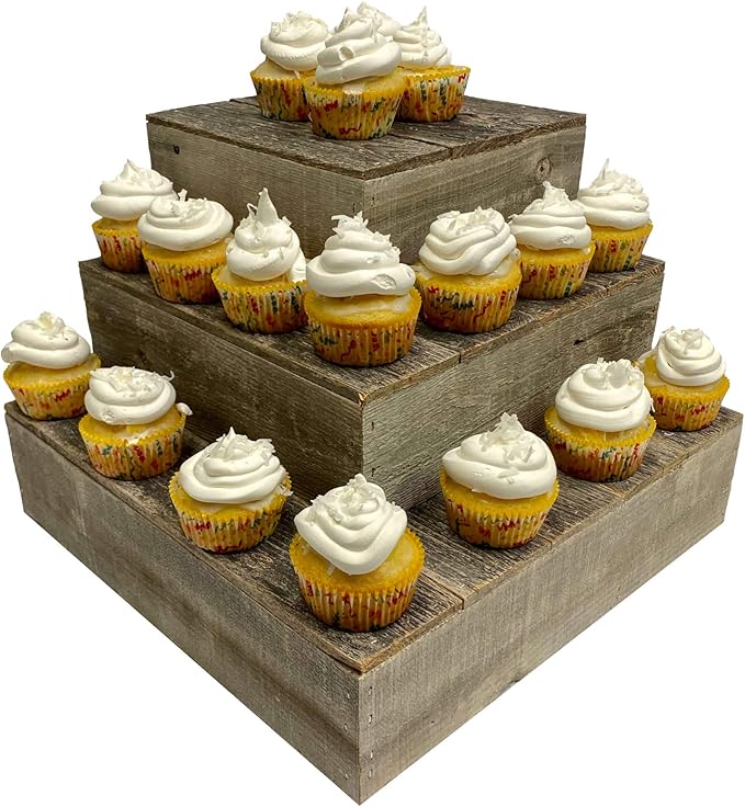 BARNWOODUSA Wood Cake Stand Set of 3 Natural Weathered Gray Rustic Wooden Wedding Dessert Stand Vintage Sturdy 100% Reclaimed Wood