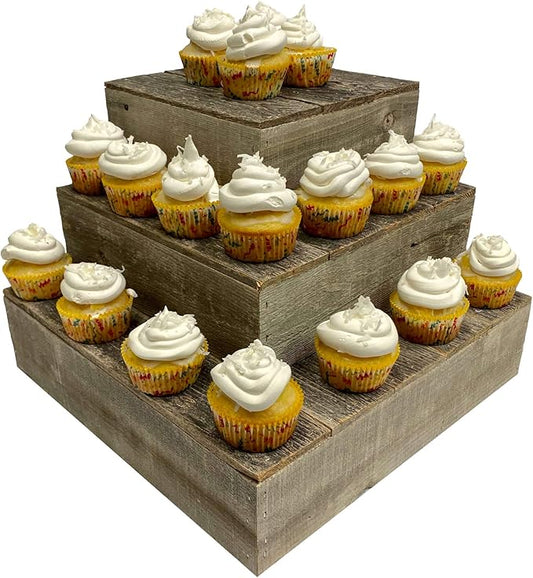 BARNWOODUSA Wood Cake Stand Set of 3 Natural Weathered Gray Rustic Wooden Wedding Dessert Stand Vintage Sturdy 100% Reclaimed Wood