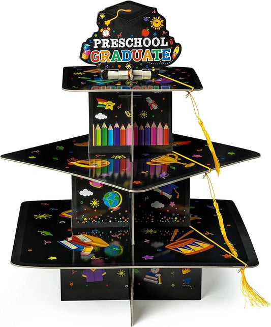 Haooryx Preschool Graduation Cupcake Stand Decoration - 3-Tier Black Graduate Cap Cupcake Tower with Tassel Cardboard Square Dessert Holder for Preschool Kids Graduation Party Table Decor Supply